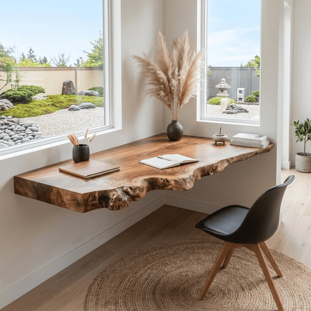 Zeitgenössische wandmontierte Arbeitsplatte aus Naturholz für eine kompakte Arbeitsnische