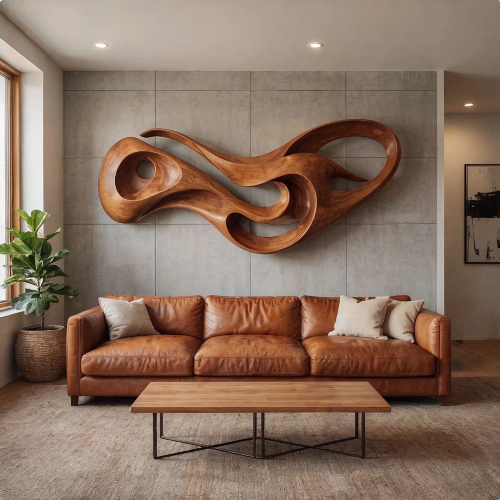 Organische Holz-Wandskulptur, präsentiert über einem zeitgenössischen Sofa
