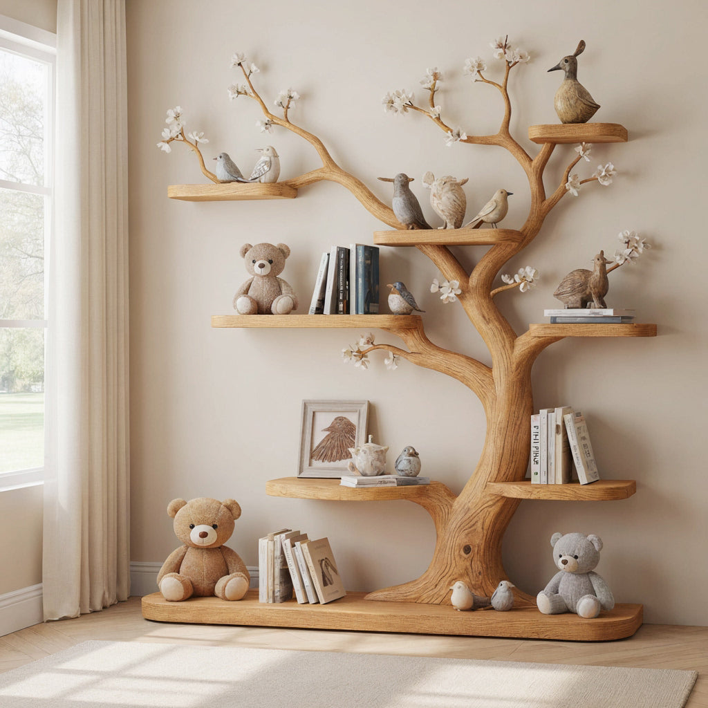 Skulpturales Kinder-Bücherregal aus Massivholz im handgeschnitzten Blütenbaum-Design