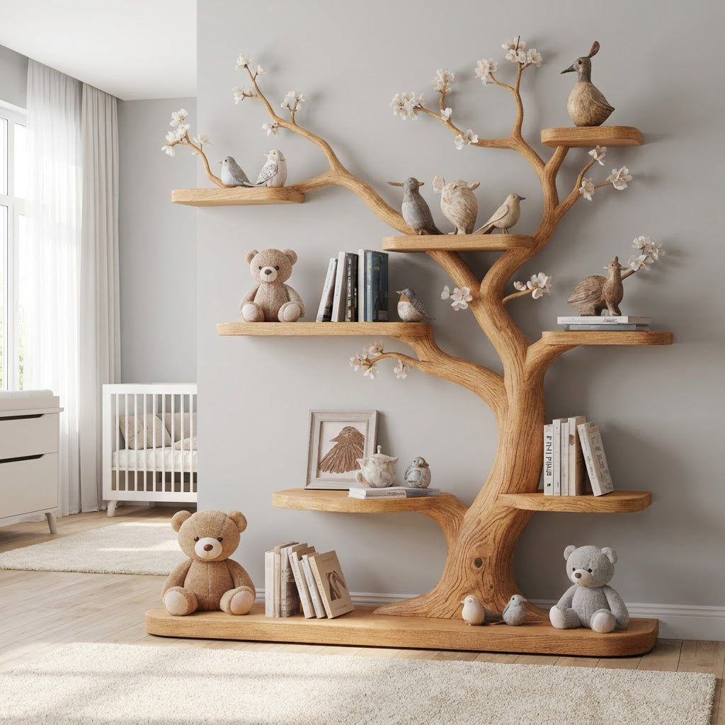 Skulpturales handgeschnitztes Kinder-Bücherregal aus Massivholz im Blütenbaum-Design für moderne Kinderzimmer