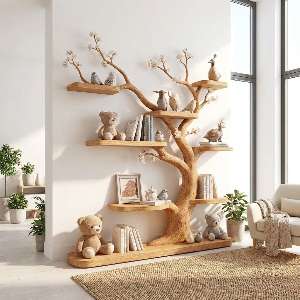 Handgeschnitztes Kinder-Bücherregal aus Massivholz mit Blütenbaum-Details für elegante Babyzimmer