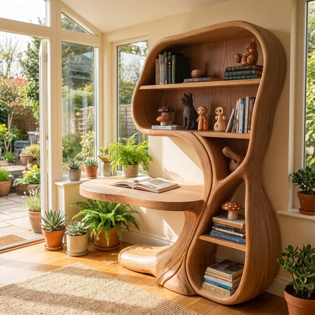 Skulpturale Schreibtisch-Bücherregal-Kombination aus Massivholz, präsentiert in einem eleganten Arbeitsbereich