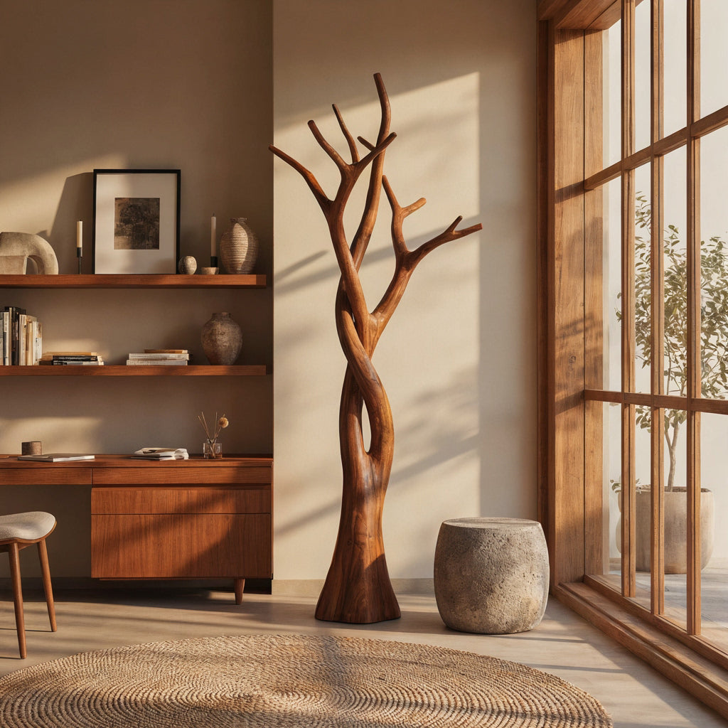 Organischer verschlungener Baum-Garderobenständer aus Massivholz, präsentiert in einem minimalistischen Schlafzimmer