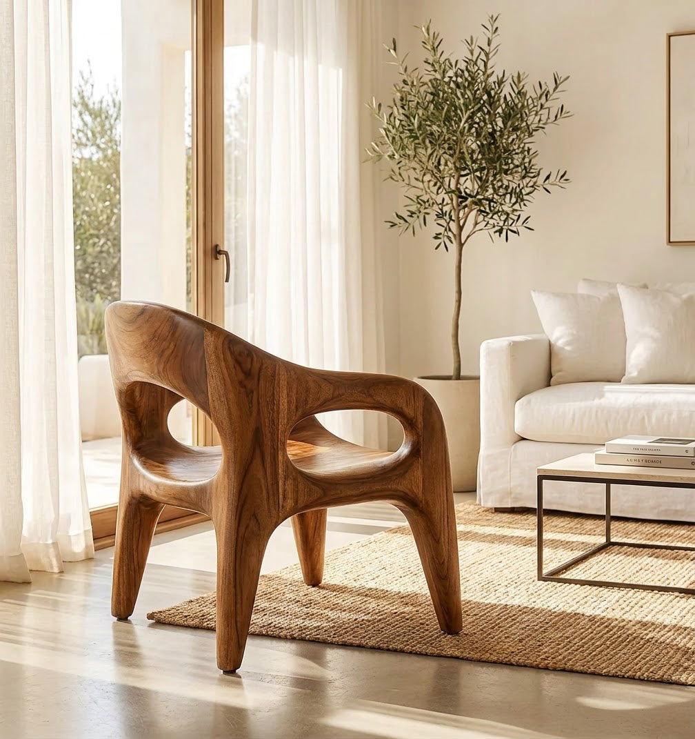 Biomorpher Akzentsessel aus Massivholz, präsentiert in einem minimalistischen Wohnbereich