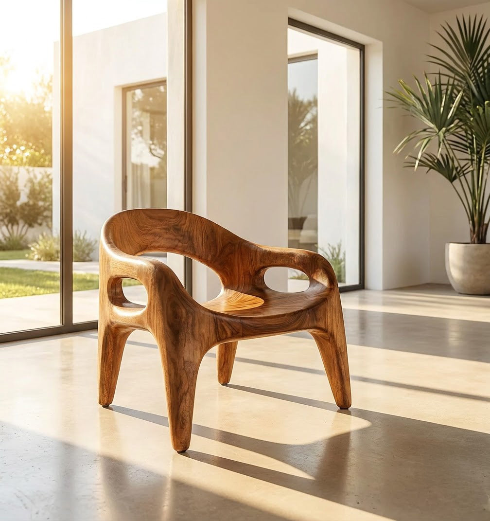 Künstlerischer Loungesessel aus Massivholz, der ein elegantes Wohninterieur aufwertet