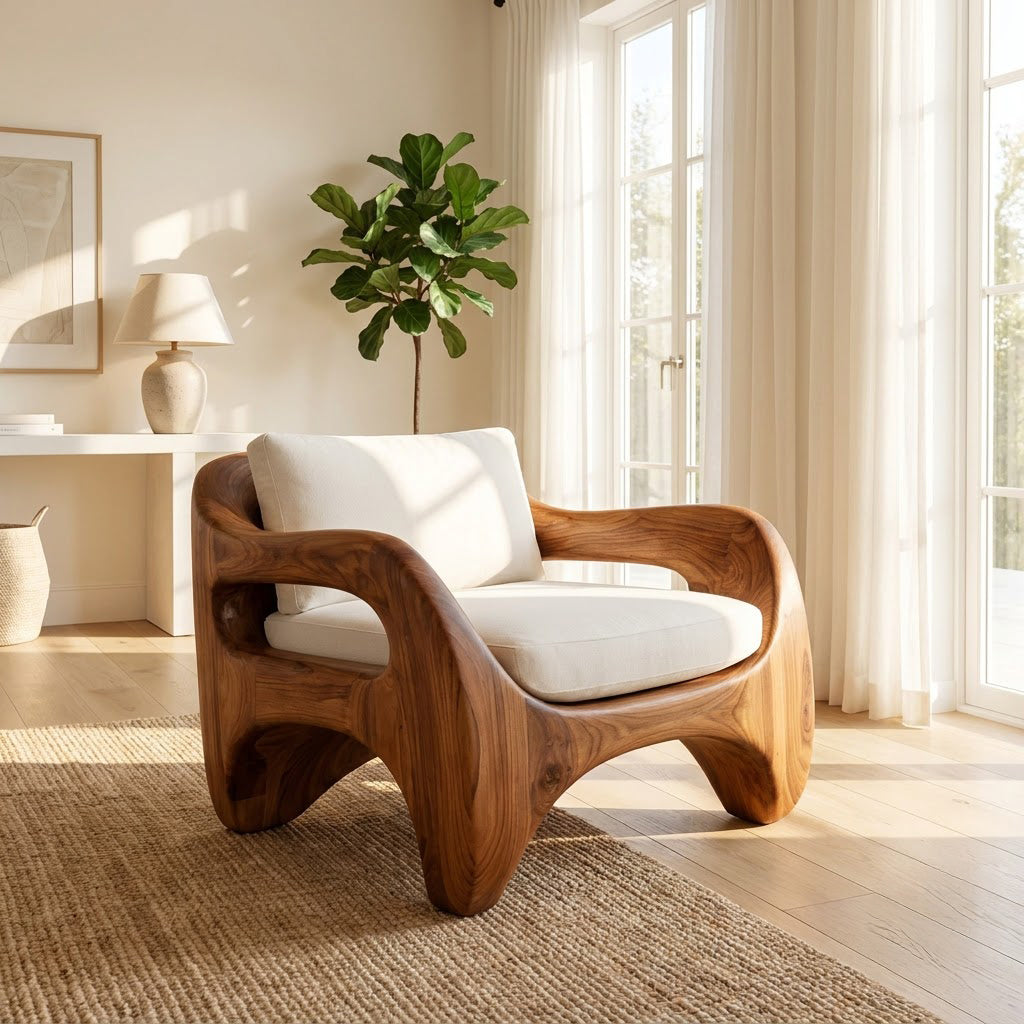 Künstlerischer monolithischer Sesselrahmen aus Massivholz, der ein elegantes Wohninterieur aufwertet