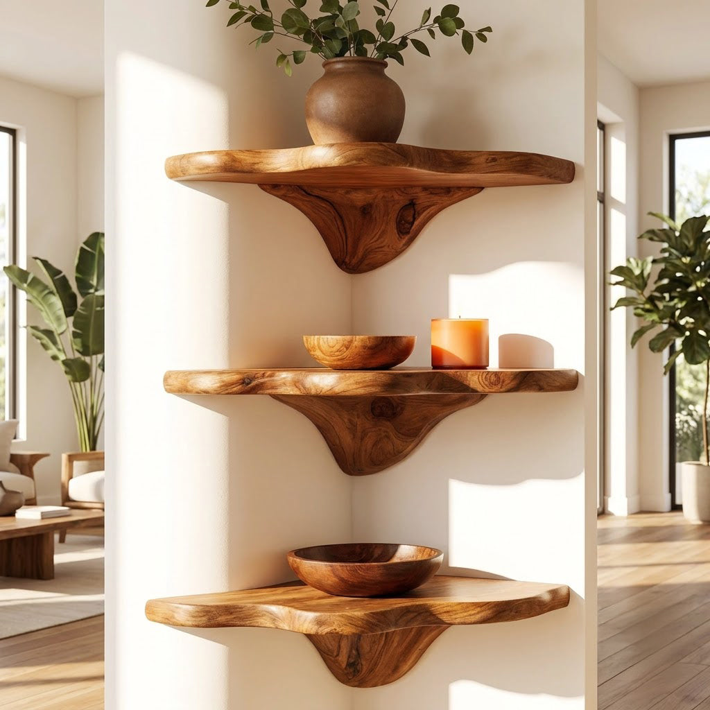 Skulpturales Pilz-Eckregal aus Massivholz in einem zeitgenössischen Wohnzimmer