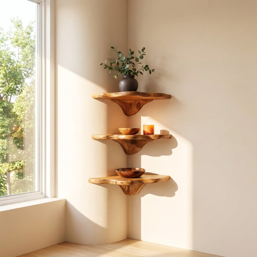 Organische biomorphe Wandablage aus Massivholz in einem minimalistischen Homeoffice