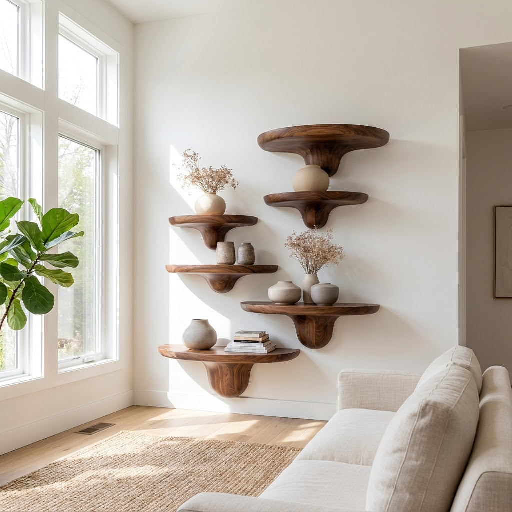 Skulpturale Pilz-Schwebregale aus Massivholz in einem zeitgenössischen Wohnzimmer