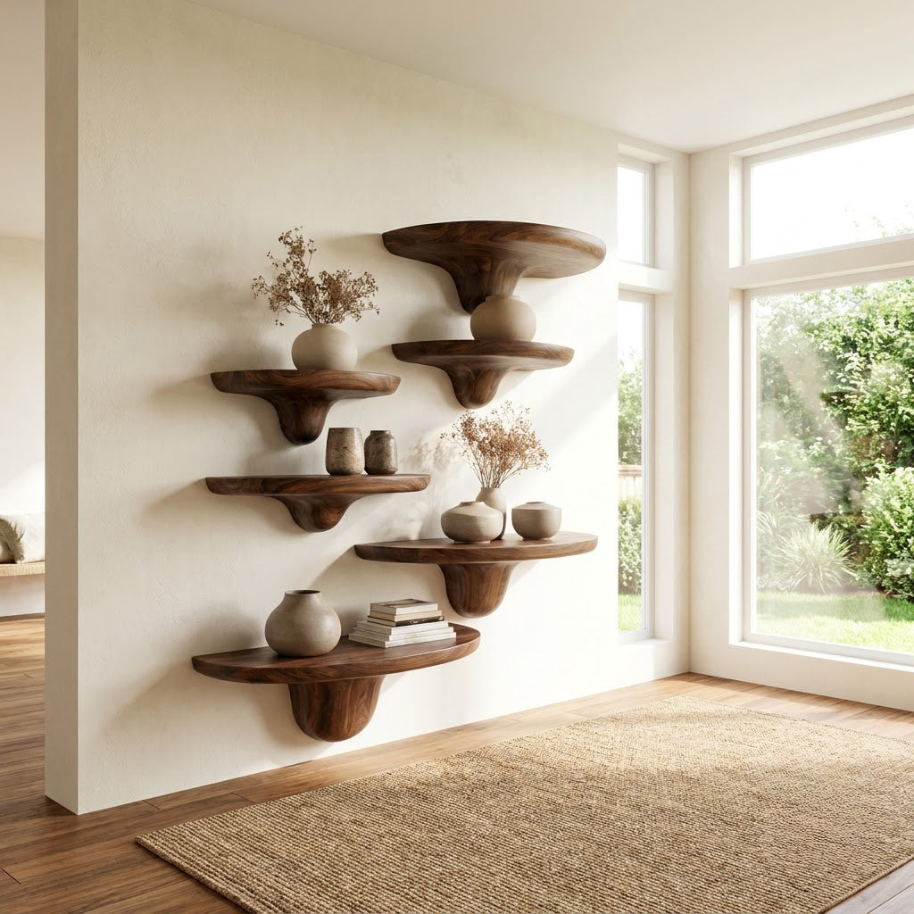Skulpturale Wandablagen aus Massivholz, präsentiert in einem eleganten Wohninterieur