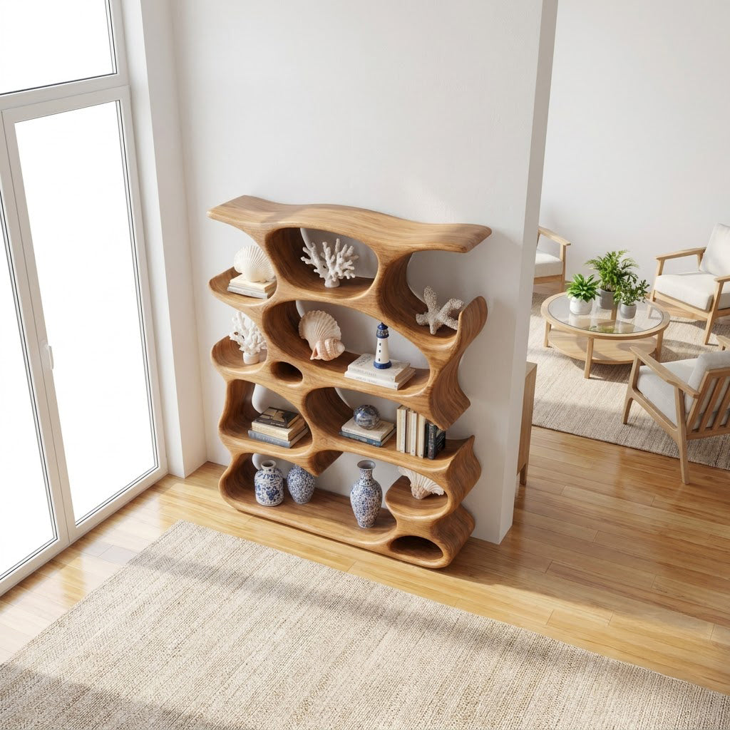 Skulpturales Schauregal aus Massivholz im einzigartigen geschnitzten Hohlraum-Design für stilvolle Wohninterieurs