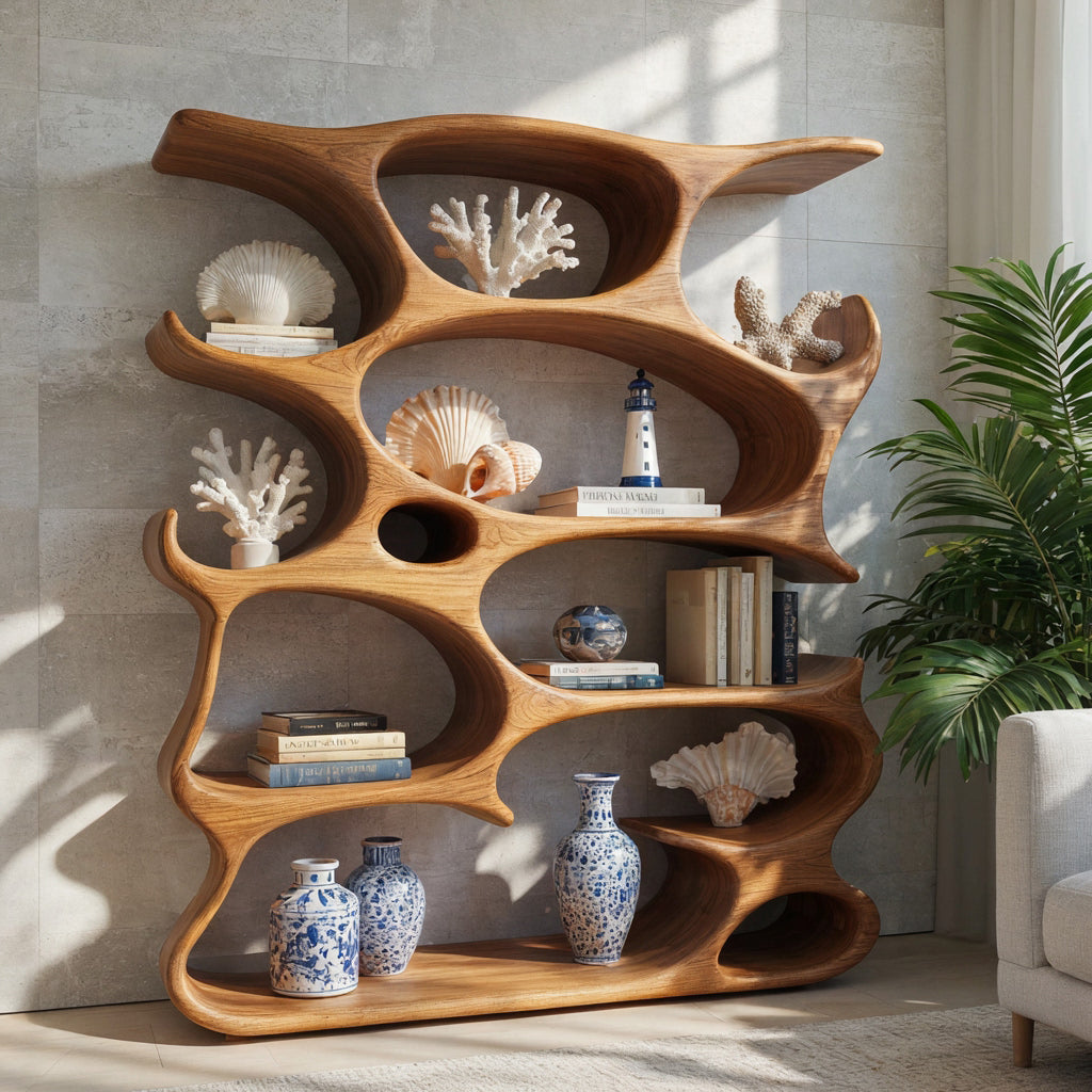 Schauregal aus Massivholz im handgeschnitzten organischen Hohlraum-Design für zeitgenössische Wohnbereiche