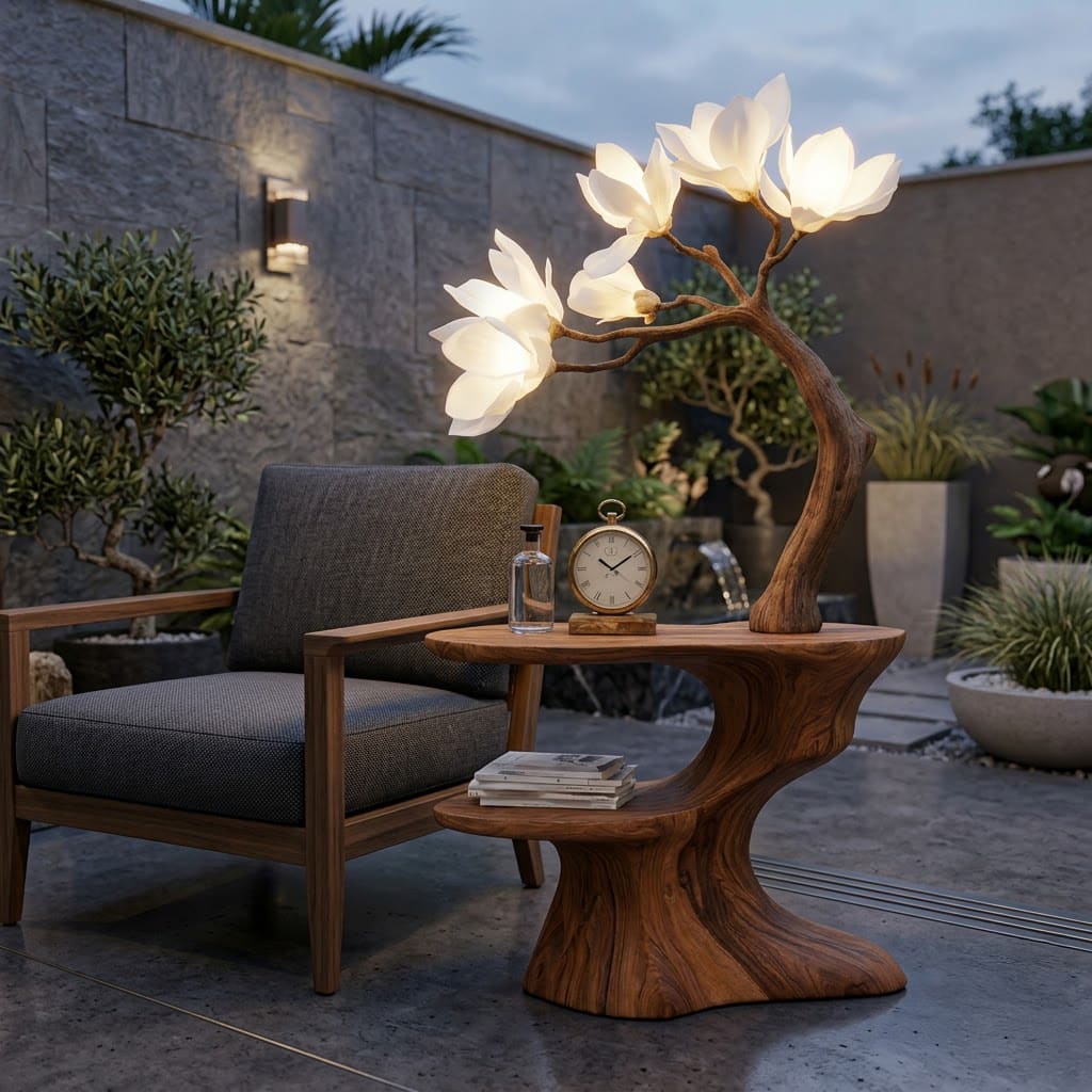 Dekorativer handgeschnitzter Beistelltisch aus Massivholz mit Magnolienzweig-Design für anspruchsvolles Wohndekor