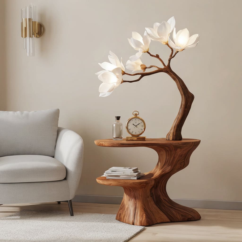 Skulpturaler handgeschnitzter Beistelltisch aus Massivholz mit Magnolienblüten-Zweig für elegante Wohnzimmer