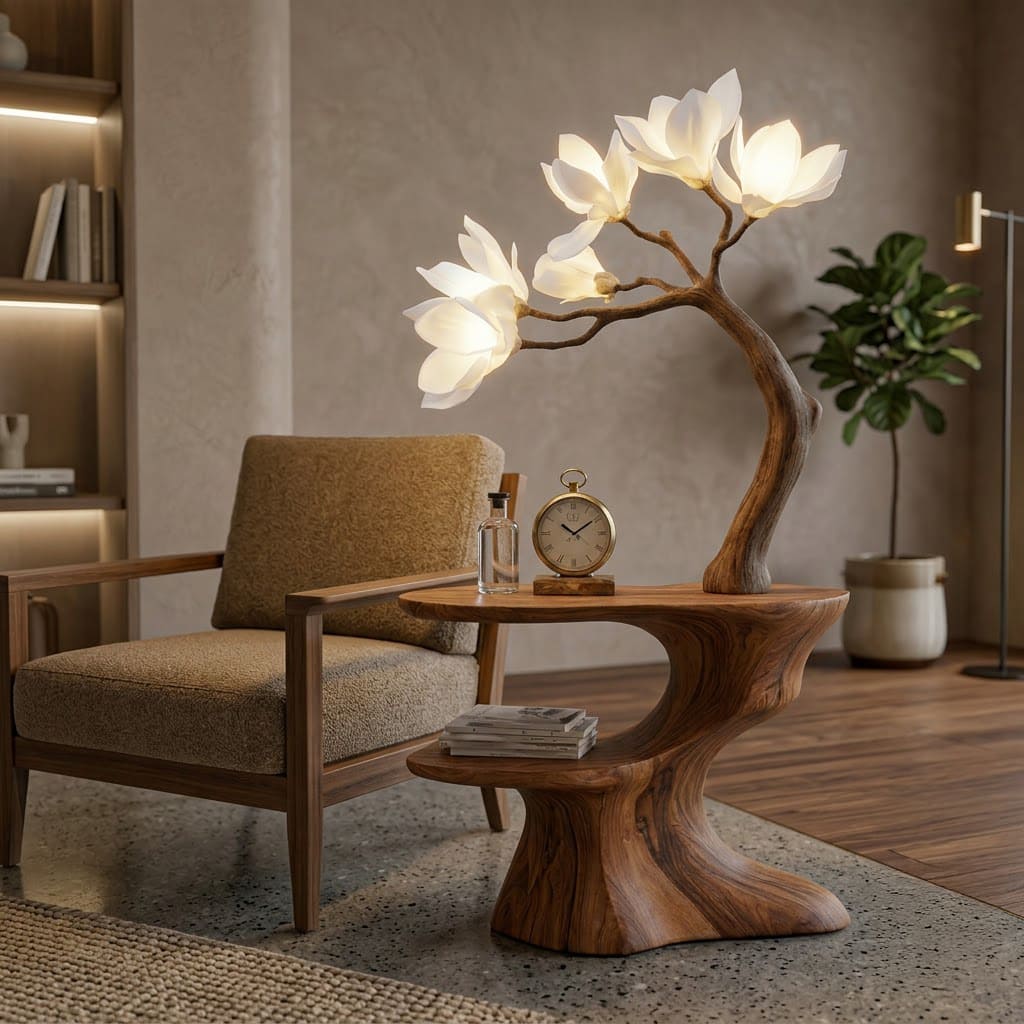 Skulpturaler Beistelltisch aus Massivholz mit geschnitzten Magnolienblüten für stilvolle Wohnbereiche