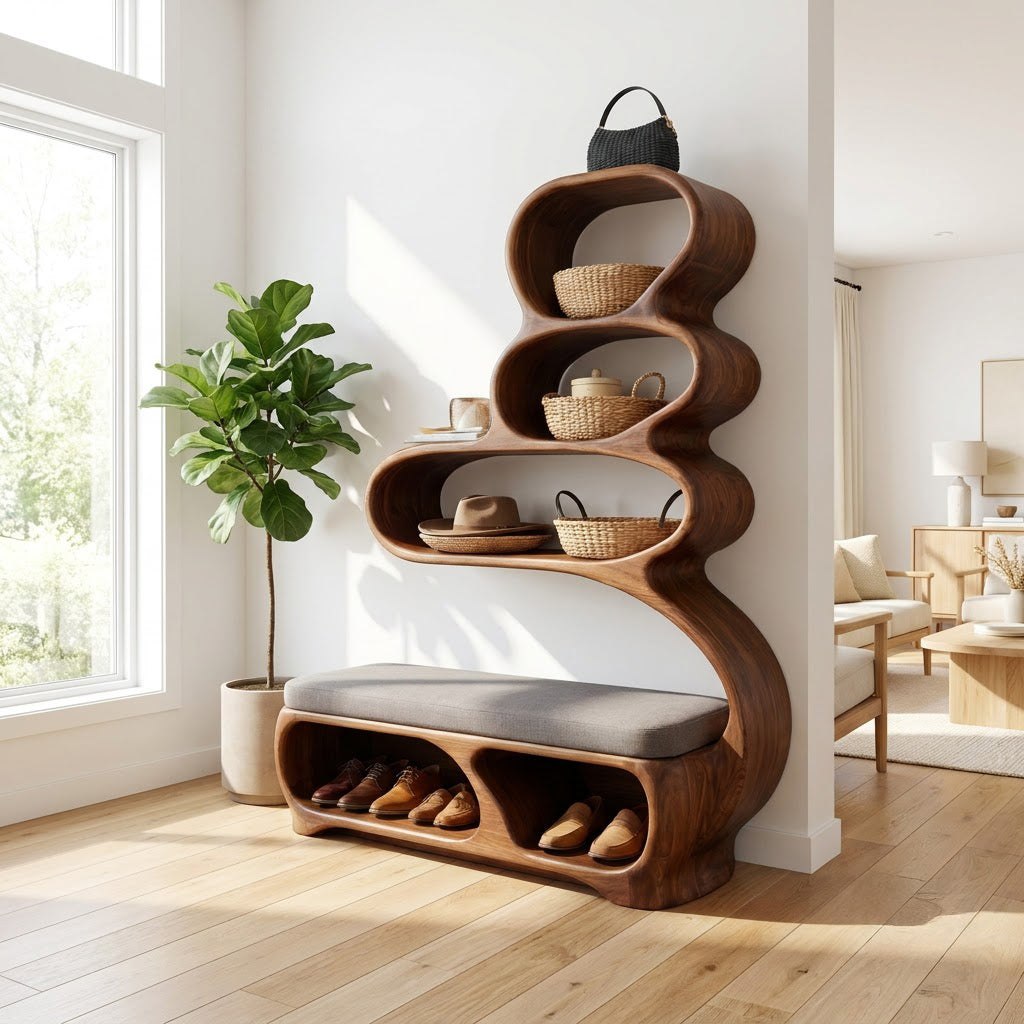 Künstlerische Eingangsbank aus Massivholz, die ein zeitgenössisches Wohninterieur aufwertet
