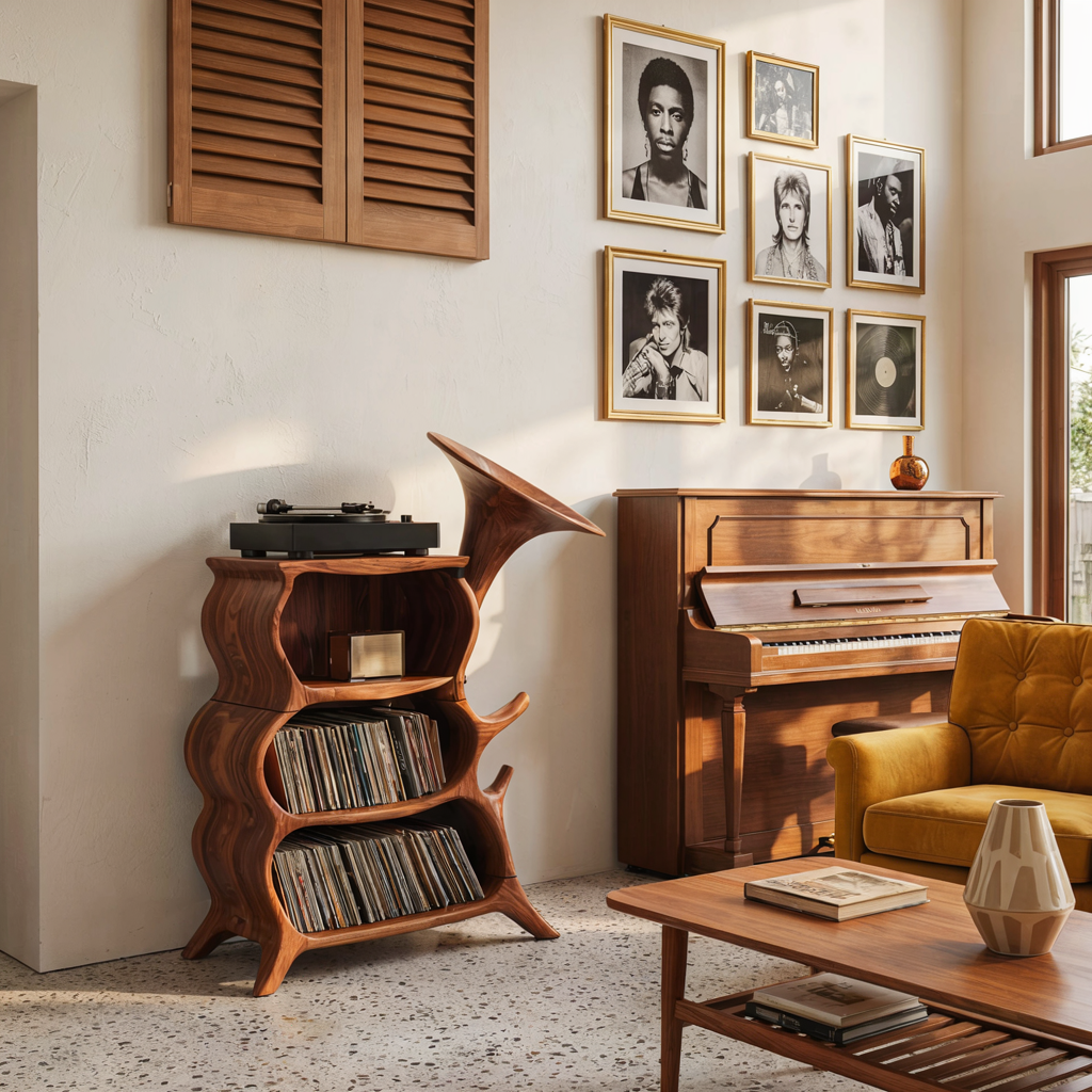 Skulpturaler handgeschnitzter Grammophon-Plattenspielerschrank aus Massivholz & Vinyl-Konsole