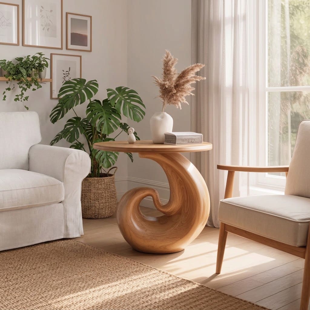 Skulpturaler Spiral-Beistelltisch aus Massivholz in einem zeitgenössischen Wohnzimmer