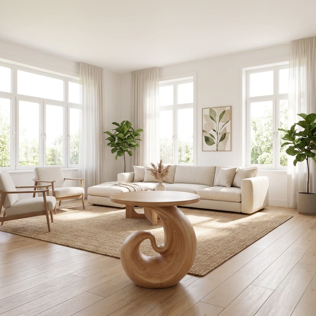 Handgeschnitzter Beistelltisch aus Massivholz, gestylt neben einem modernen Sofa