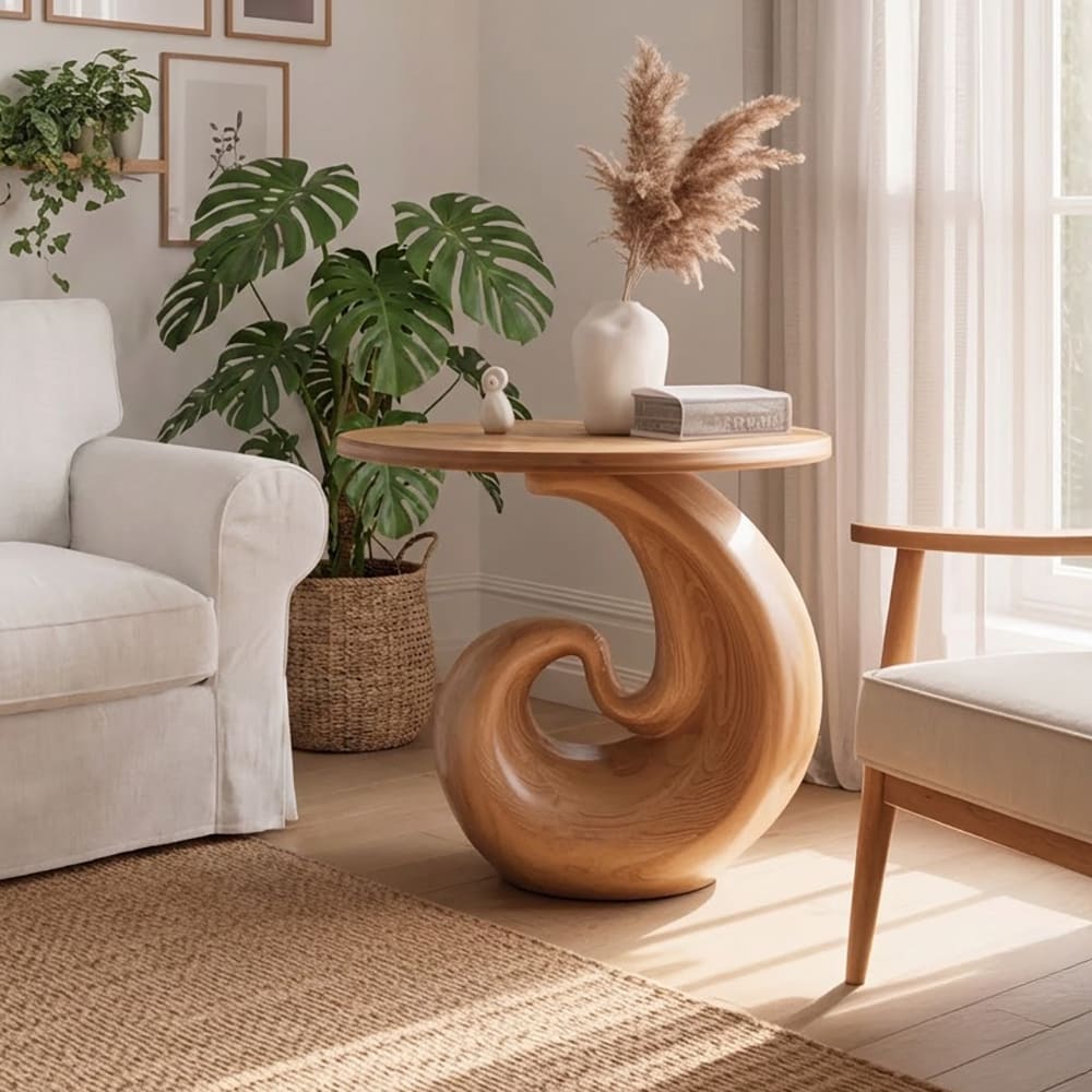 Skulpturaler Beistelltisch aus Massivholz, präsentiert in einem eleganten Wohninterieur