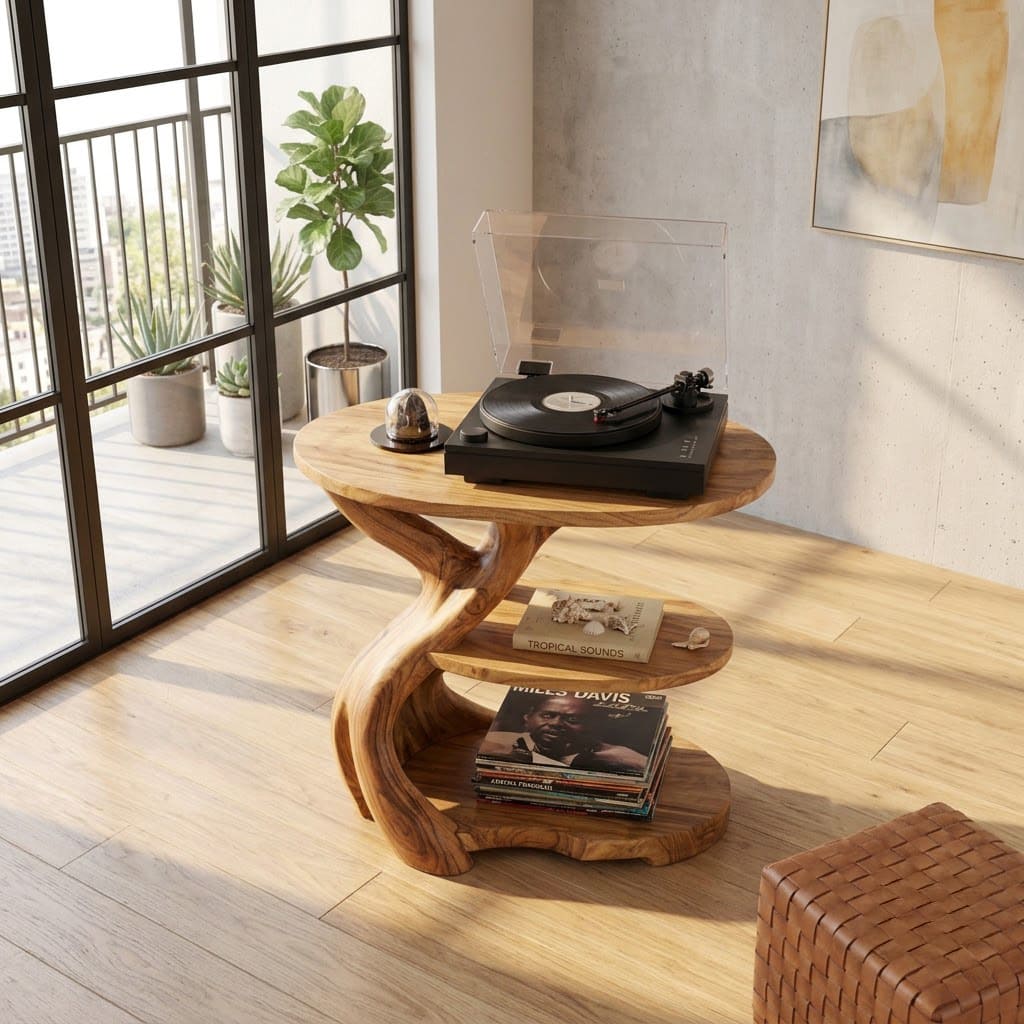 Organischer Vinyl-Plattenständer aus Massivholz, präsentiert in einer gemütlichen Musikecke