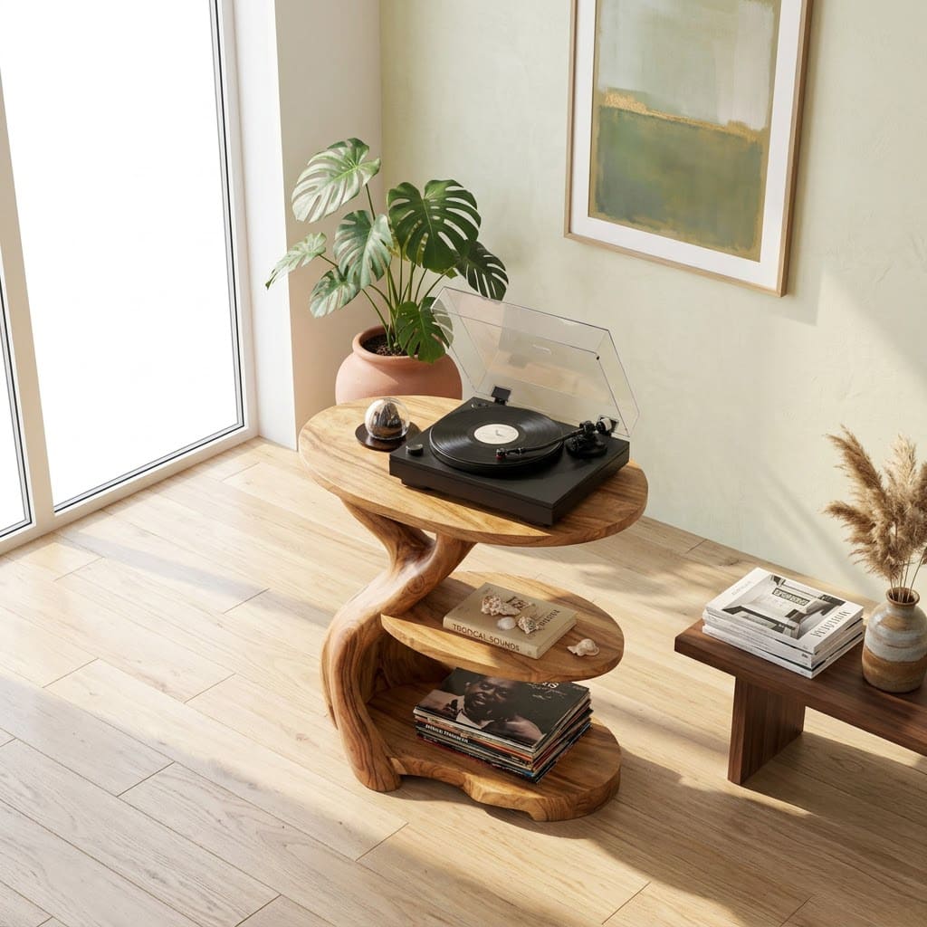 Skulpturaler Plattenspielerständer in Astform aus Massivholz, präsentiert in einem eleganten Wohninterieur