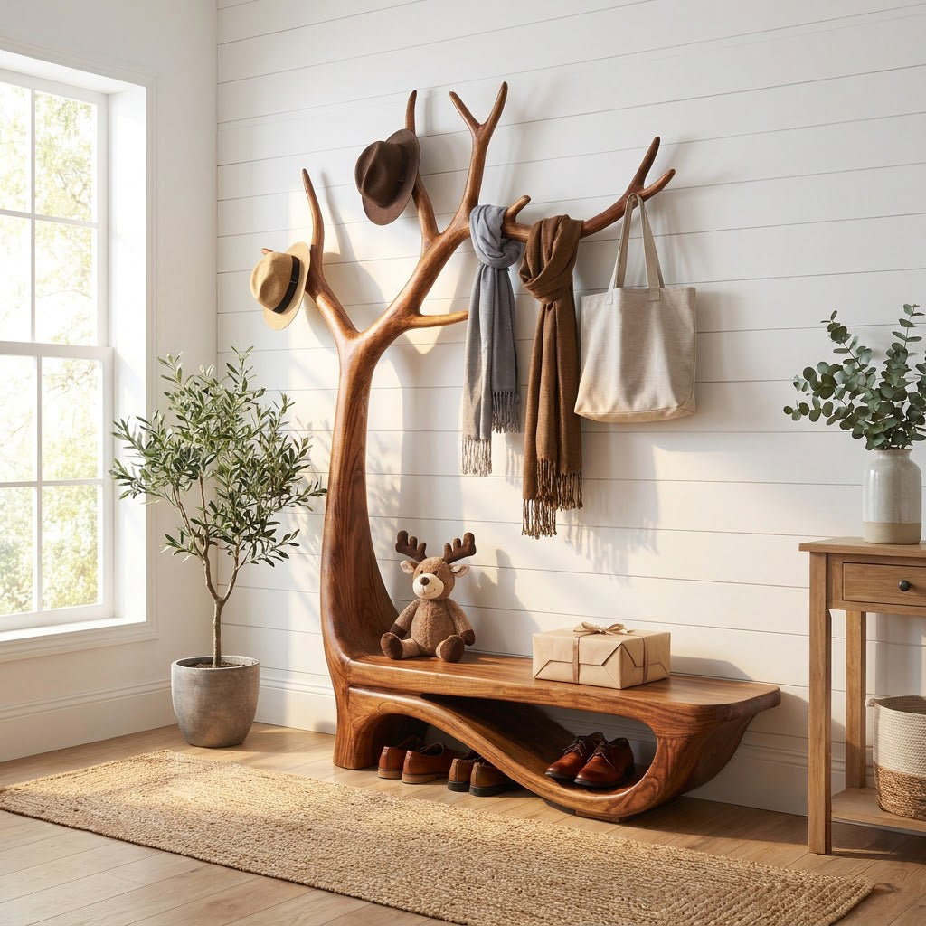 Handgeschnitzte Baum-Eingangsbank mit Garderobe aus Massivholz, gestylt in einem einladenden modernen Foyer