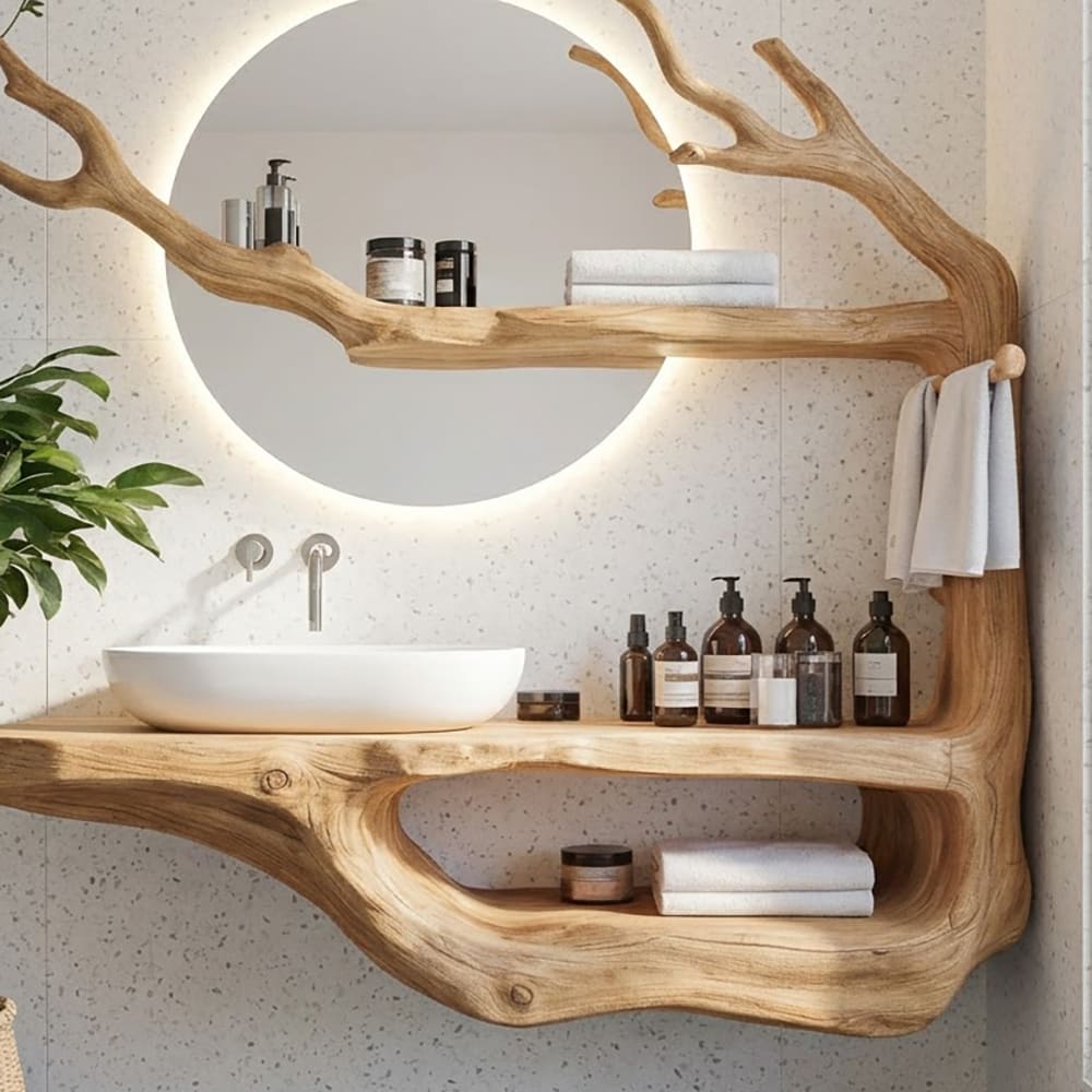Handgeschnitzter schwebender Waschtisch aus Massivholz im skulpturalen Astdesign