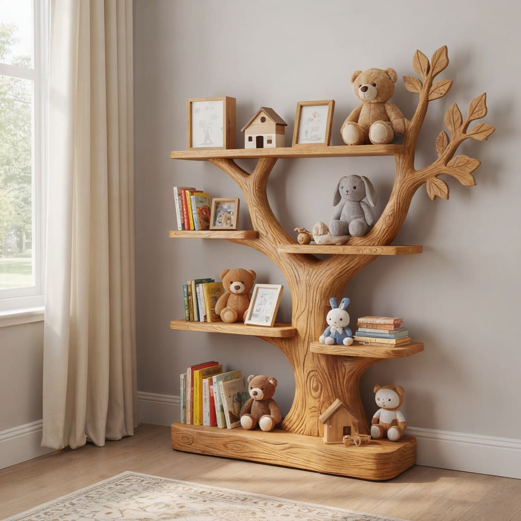 Skulpturales Kinder-Bücherregal aus Massivholz mit handgeschnitzten Astdetails