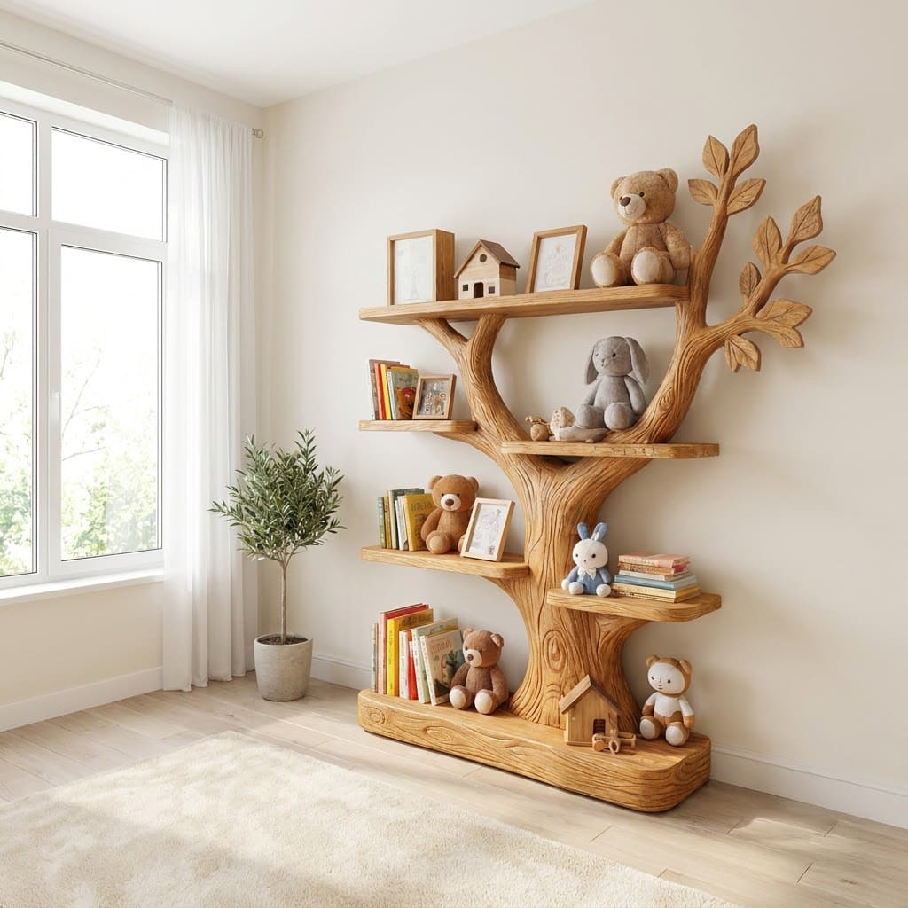 Skulpturales handgeschnitztes Kinder-Bücherregal aus Massivholz mit Astdetails für moderne Babyzimmer