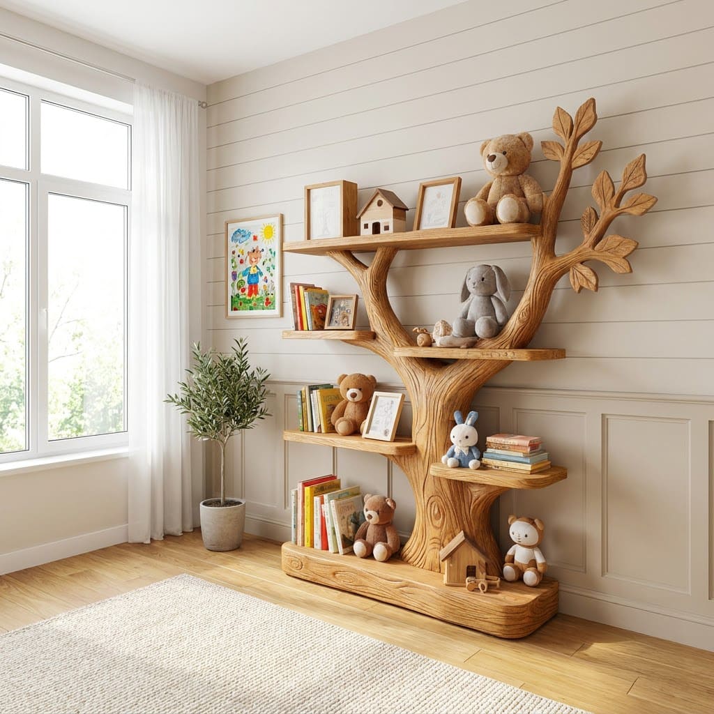 Handgeschnitztes Babyzimmer-Bücherregal aus Massivholz im Astdesign für stilvolle Kinderzimmer