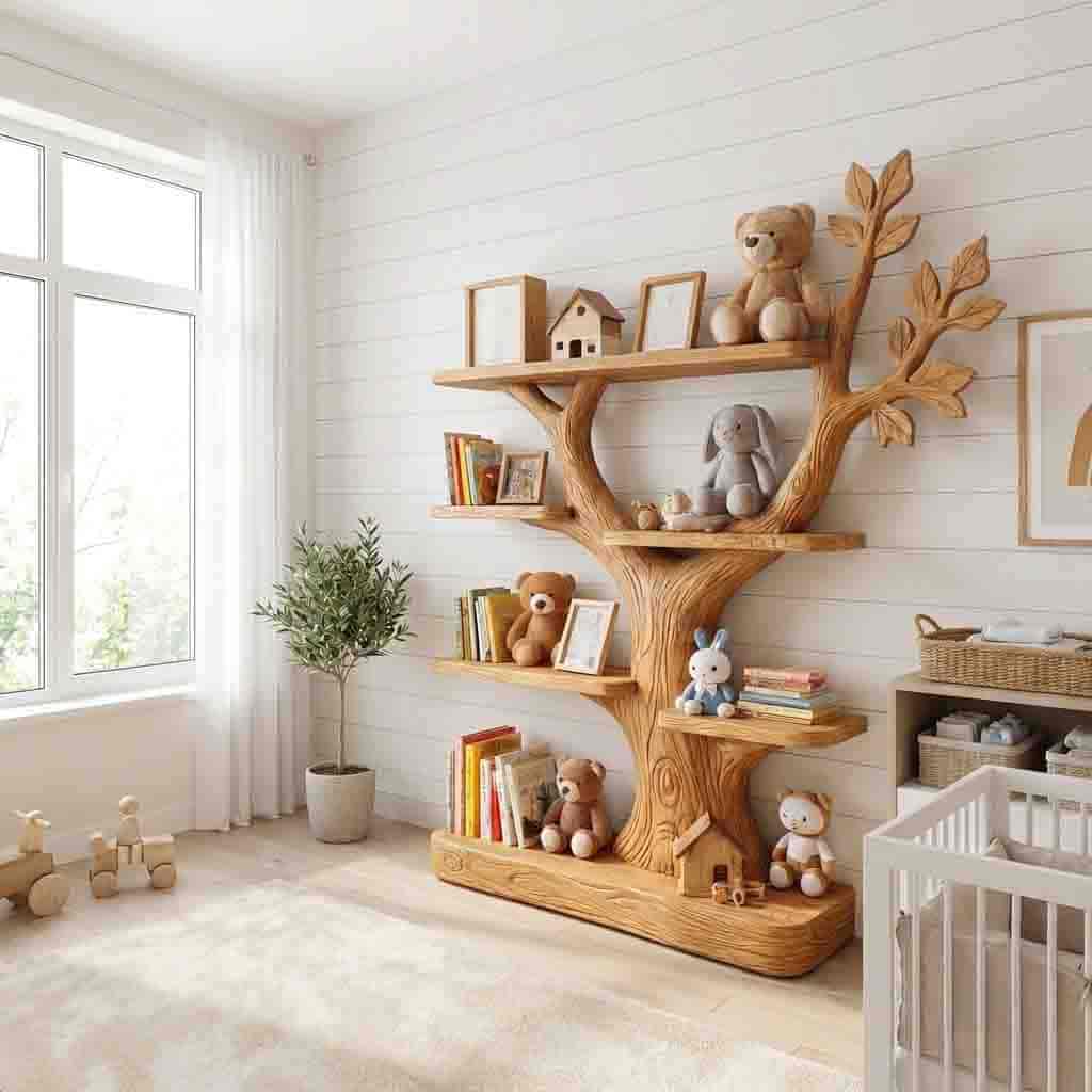 Skulpturales Kinder-Bücherregal und Schaumöbel aus Massivholz mit organischem Astdetail für Babyzimmerinterieurs