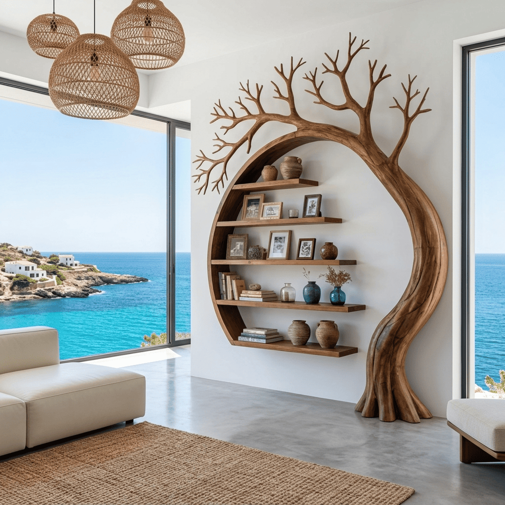 Skulpturales Baum-Mond-Bücherregal aus Massivholz in einem zeitgenössischen Wohnzimmer