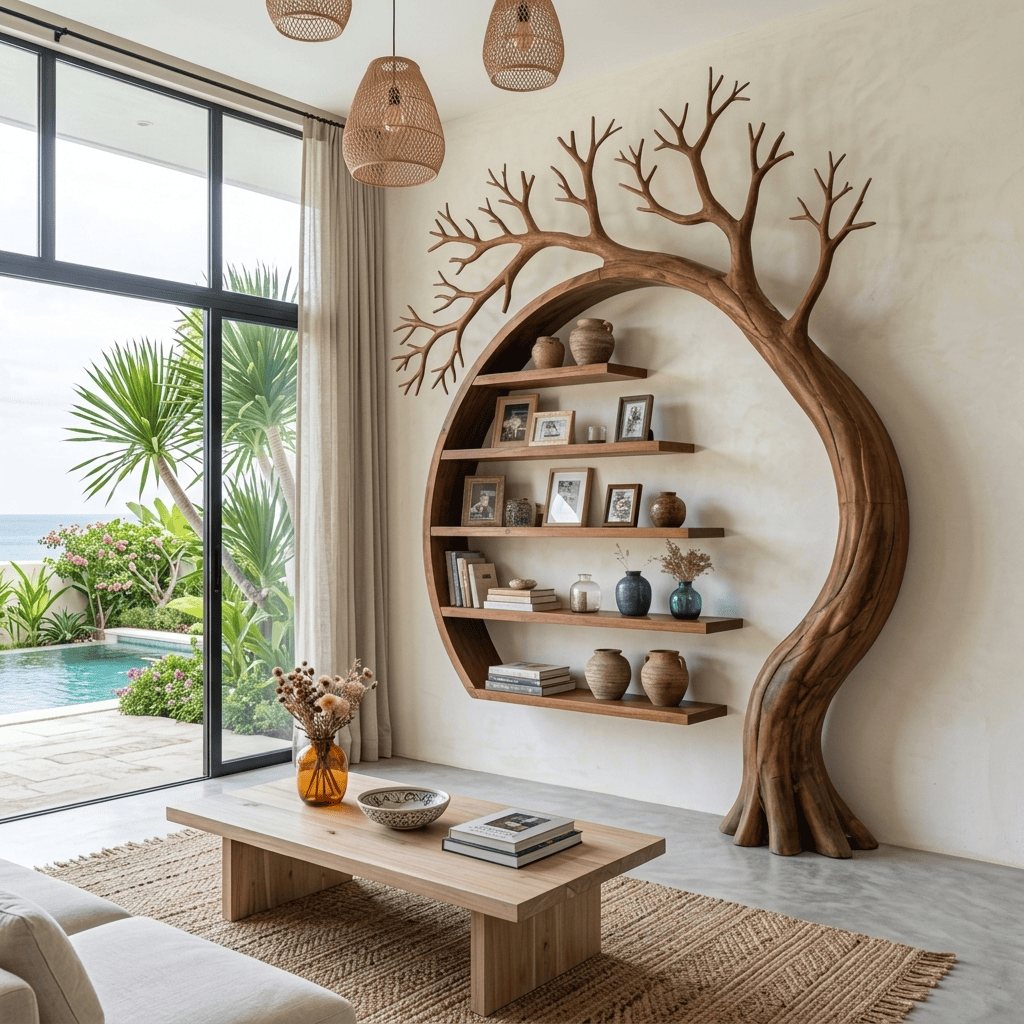 Künstlerisches architektonisches Bücherregal aus Massivholz, präsentiert in einem modernen Wohnbereich