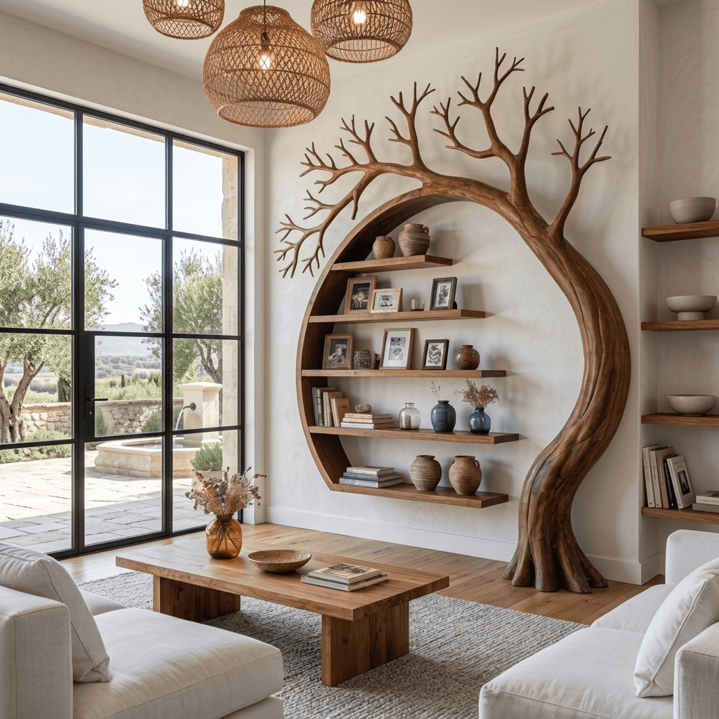 Organisches Baum-Mond-Bücherregal aus Massivholz, gestylt in einem minimalistischen Wohnzimmer