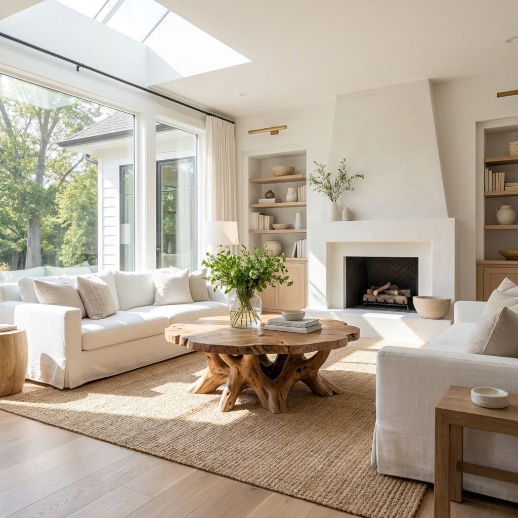 Skulpturaler runder Couchtisch aus Massivholz, präsentiert in einem eleganten Sitzbereich