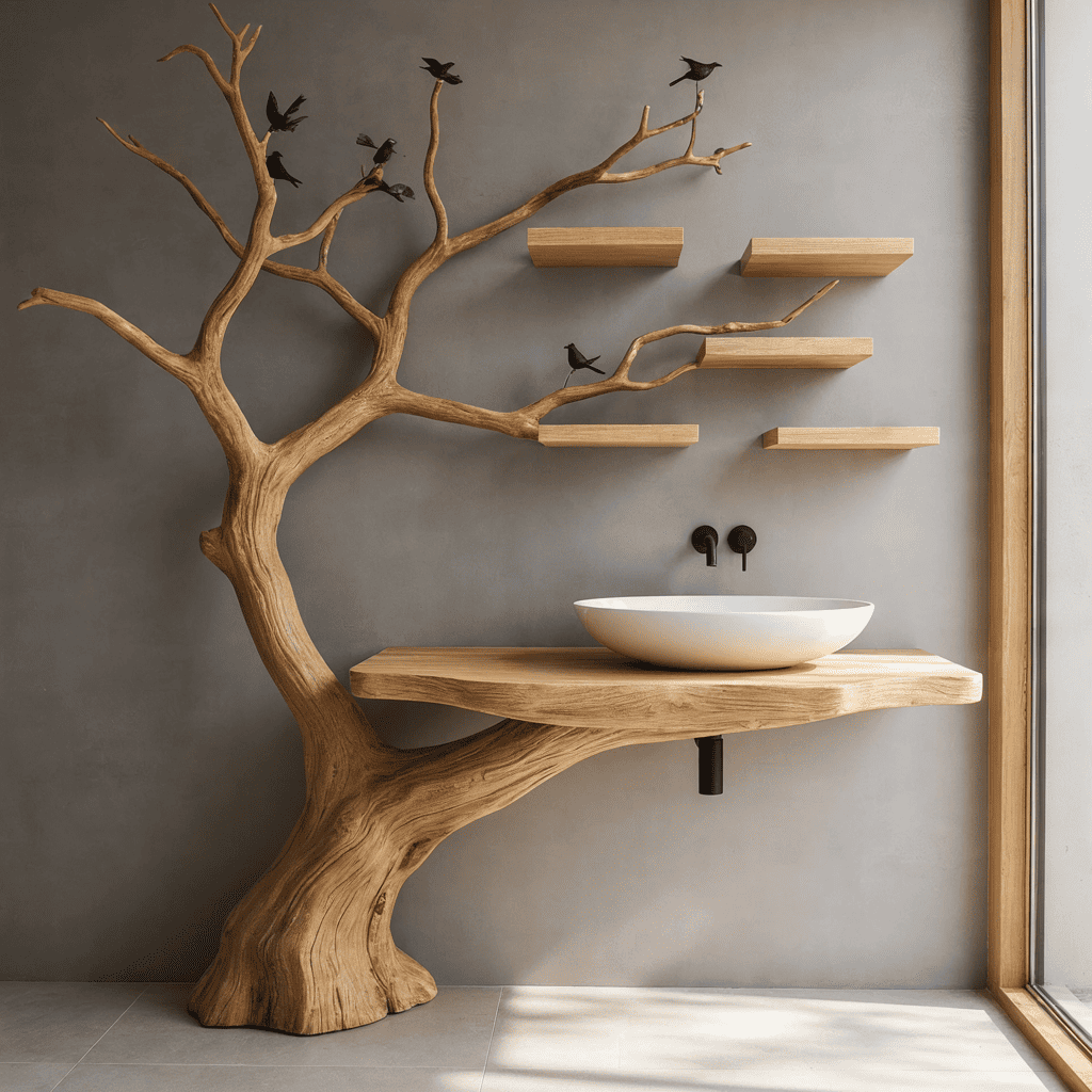 Skulpturaler Baum-Waschtisch aus Massivholz im handgeschnitzten Design