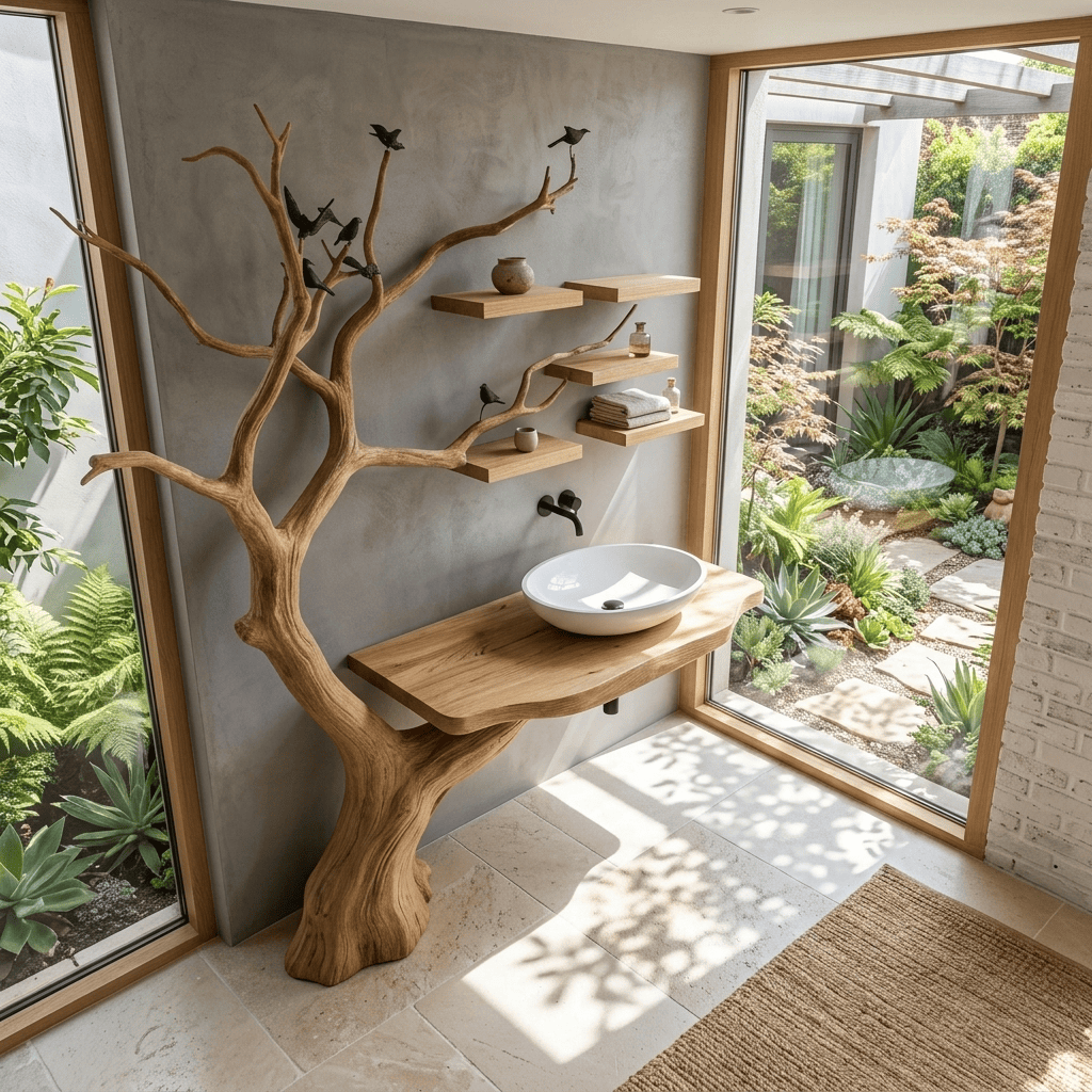 Handgeschnitzter Baum-Waschtisch aus Massivholz mit ausgedehnter Astwand-Einheit für elegante Badezimmerinterieurs