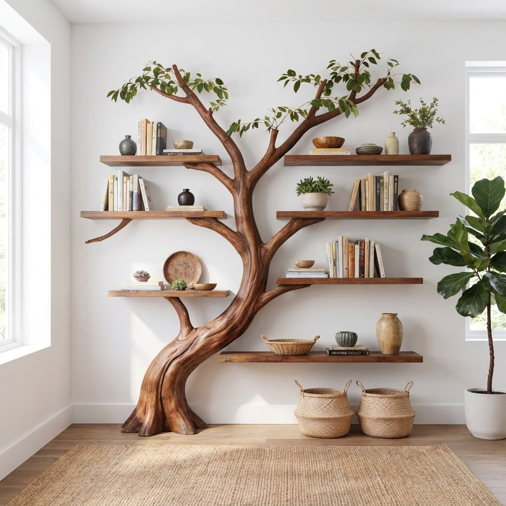 Skulpturale Wandregal-Einheit aus Massivholz, präsentiert in einem eleganten Wohninterieur