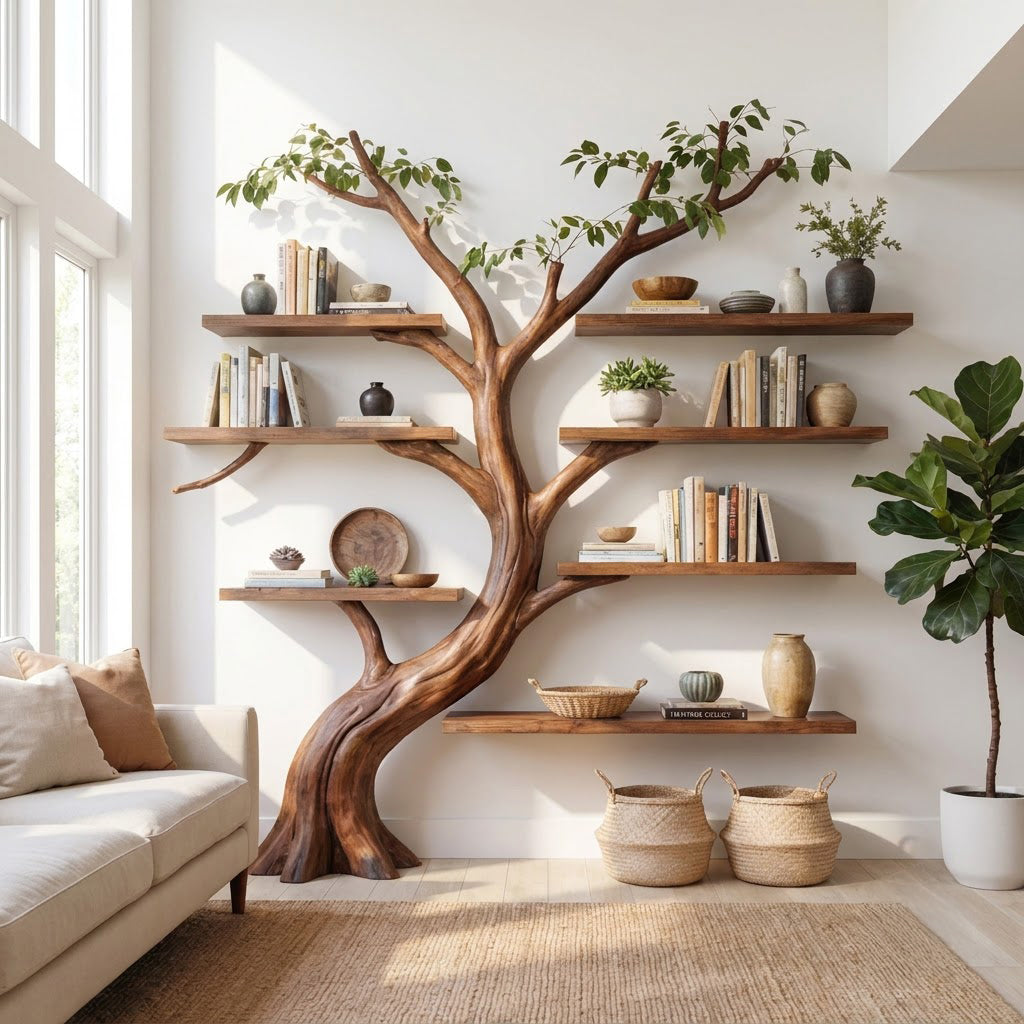 Künstlerisches Baum-Bücherregal aus Massivholz, das einen zeitgenössischen Wohnbereich aufwertet