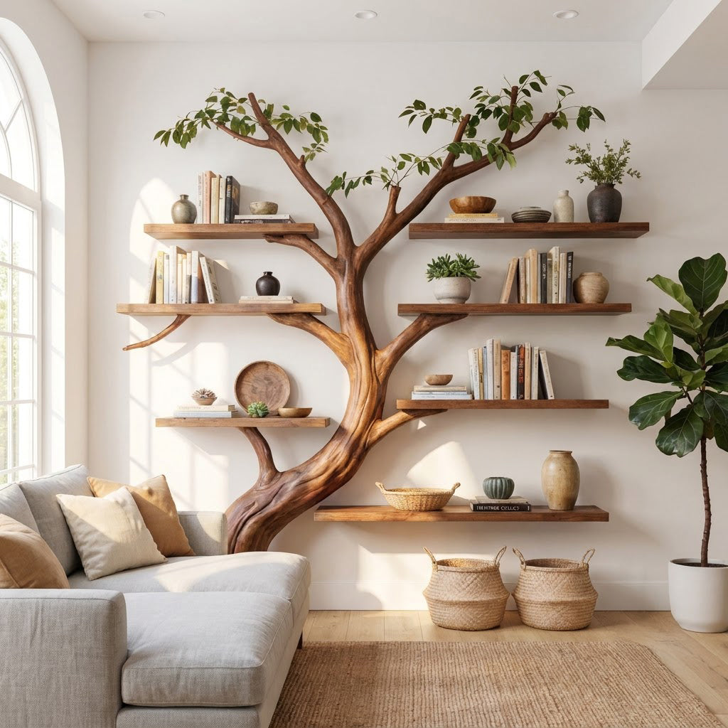 Künstlerisches Baum-Bücherregal aus Massivholz, das einen zeitgenössischen Wohnbereich aufwertet
