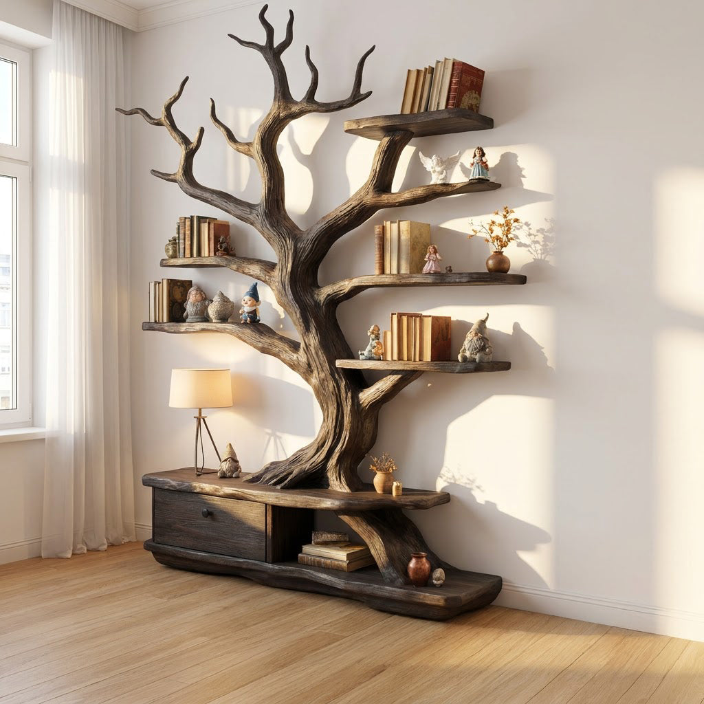 Skulpturales Baum-Bücherregal aus Massivholz in einem zeitgenössischen Wohnzimmer