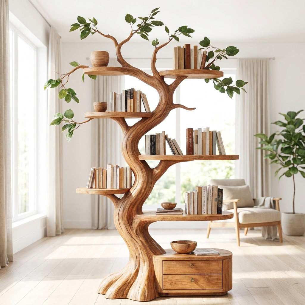 Skulpturales handgeschnitztes Baum-Bücherregal mit Sockel mit 2 Schubladen aus Massivholz