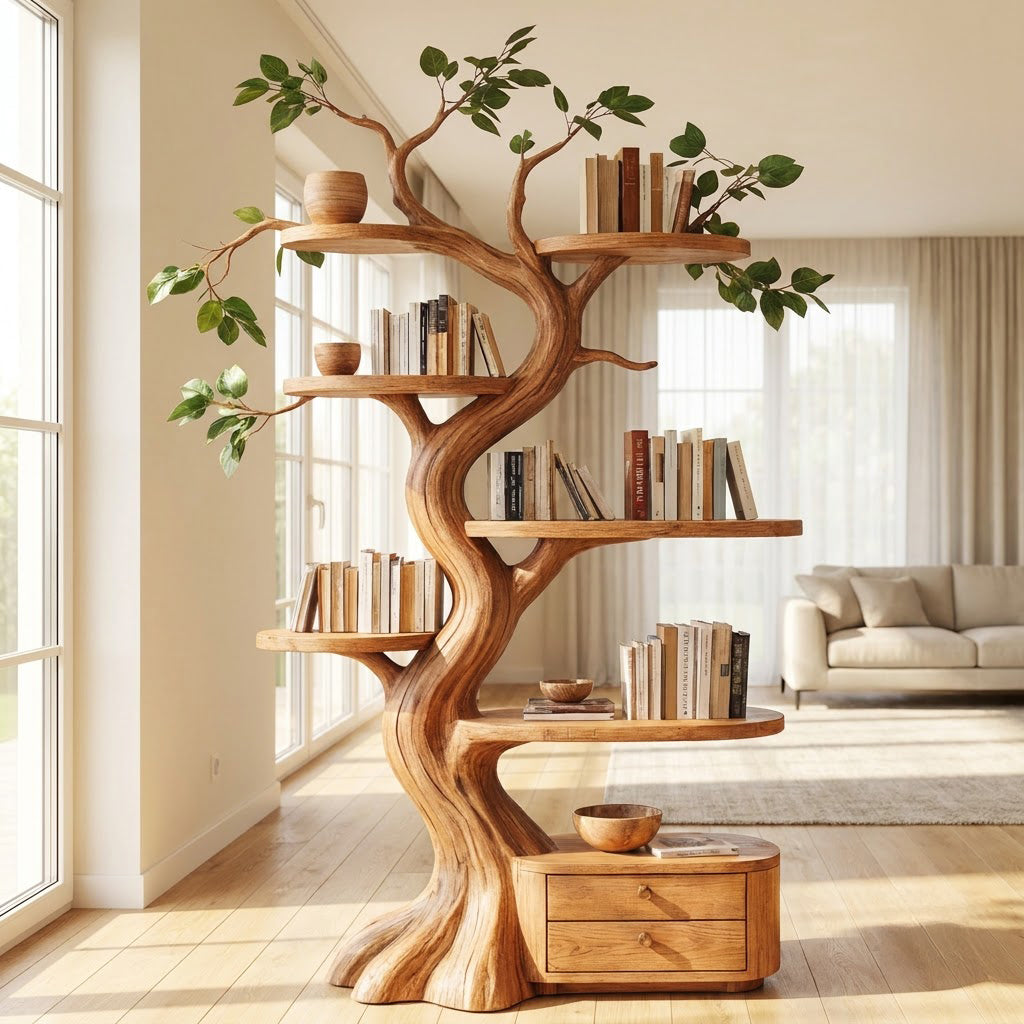 Zeitgenössisches ausladendes Baum-Bücherregal aus Massivholz mit Schubladen, montiert in einem eleganten Wohnzimmer