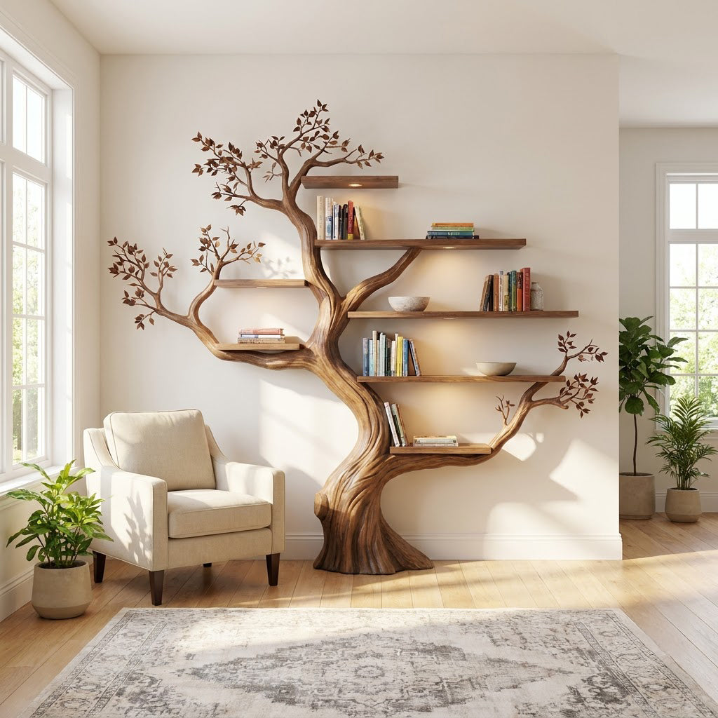 Skulpturales Baum-Bücherregal aus Massivholz, präsentiert in einem eleganten beleuchteten Wohninterieur