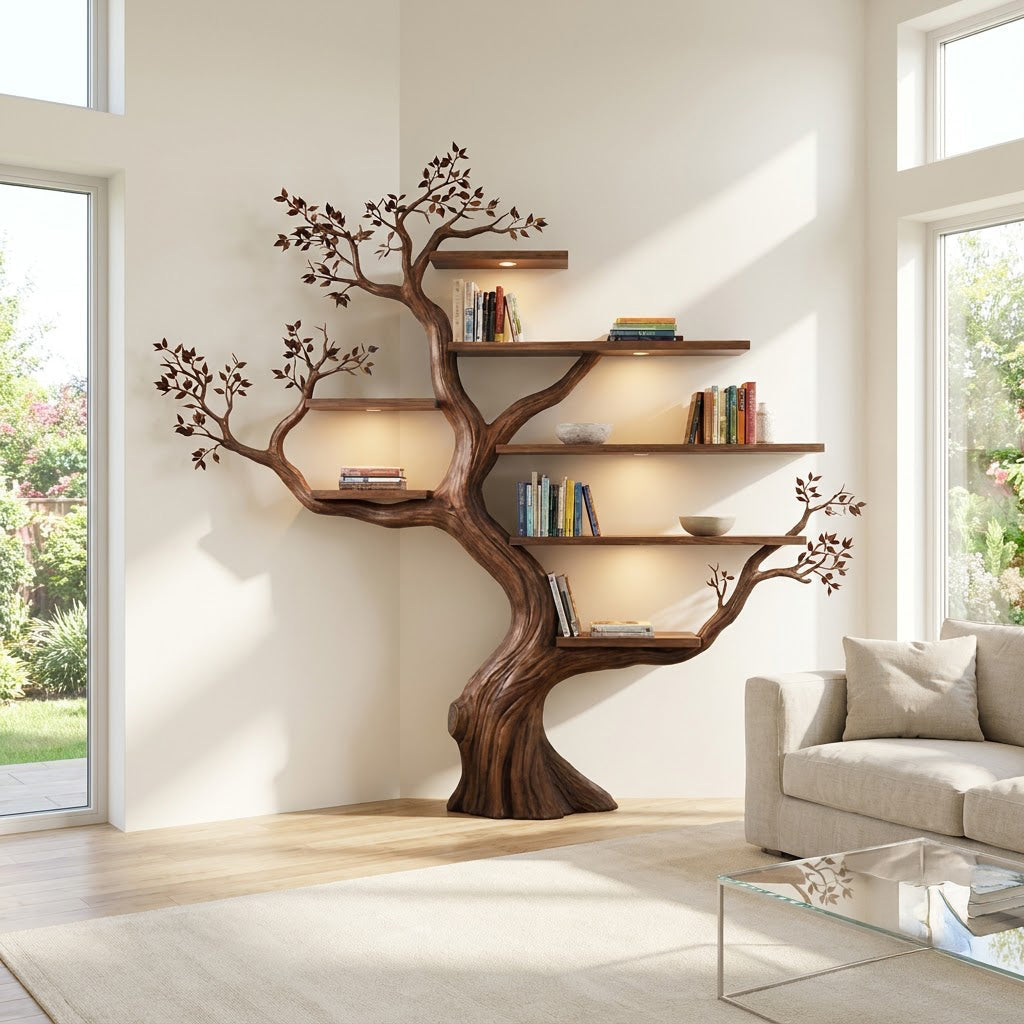 Skulpturales Baum-Bücherregal aus Massivholz mit Ambientebeleuchtung in einem zeitgenössischen Wohnzimmer