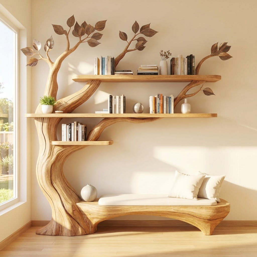 Organisches Baum-Bücherregal aus Massivholz mit niedriger Sitzbank in einem minimalistischen Homeoffice