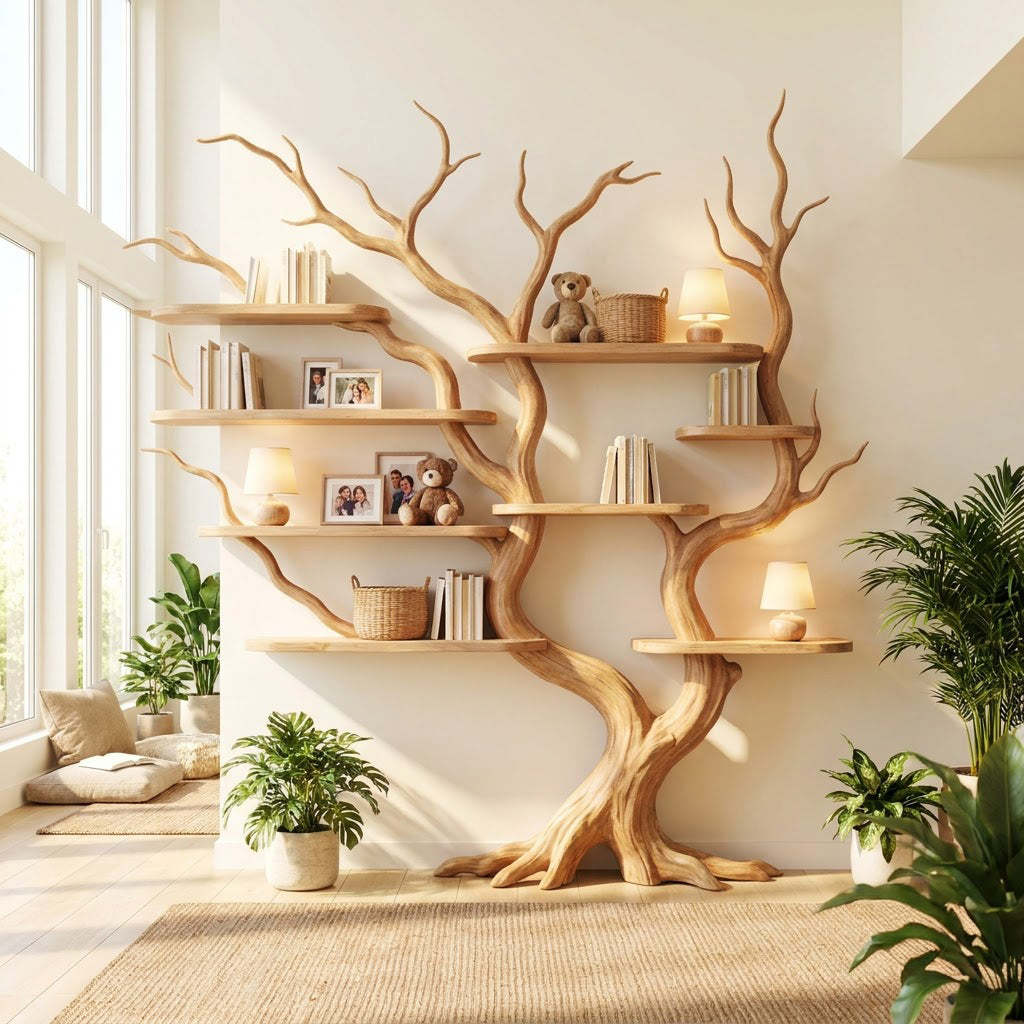 Skulpturales Baum-Bücherregal aus Massivholz in einem zeitgenössischen Wohnzimmer