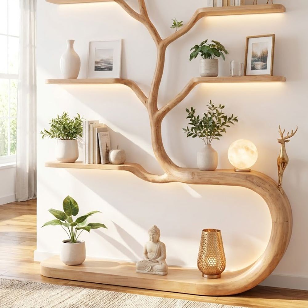 Skulpturales Bücherregal aus Massivholz mit geschwungenem Fuß, präsentiert in einem eleganten Wohninterieur
