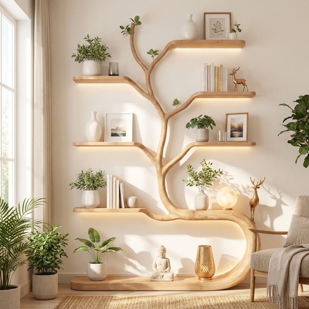 Organisches Bücherregal aus Massivholz mit Bandfuß, präsentiert in einem minimalistischen Homeoffice